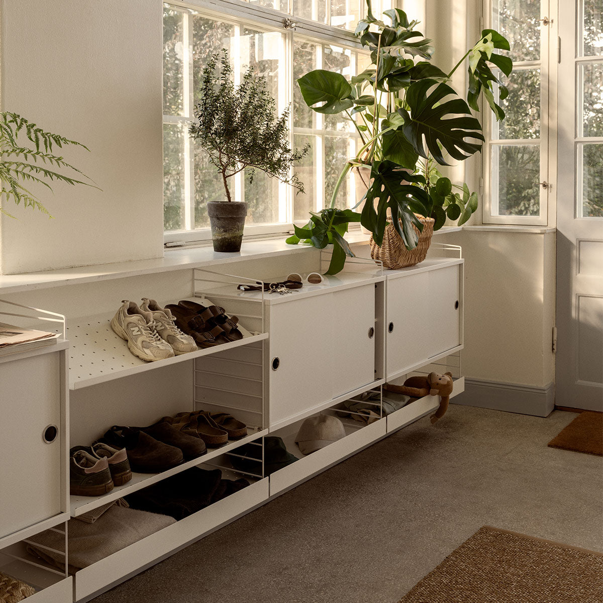 string shelving hallway