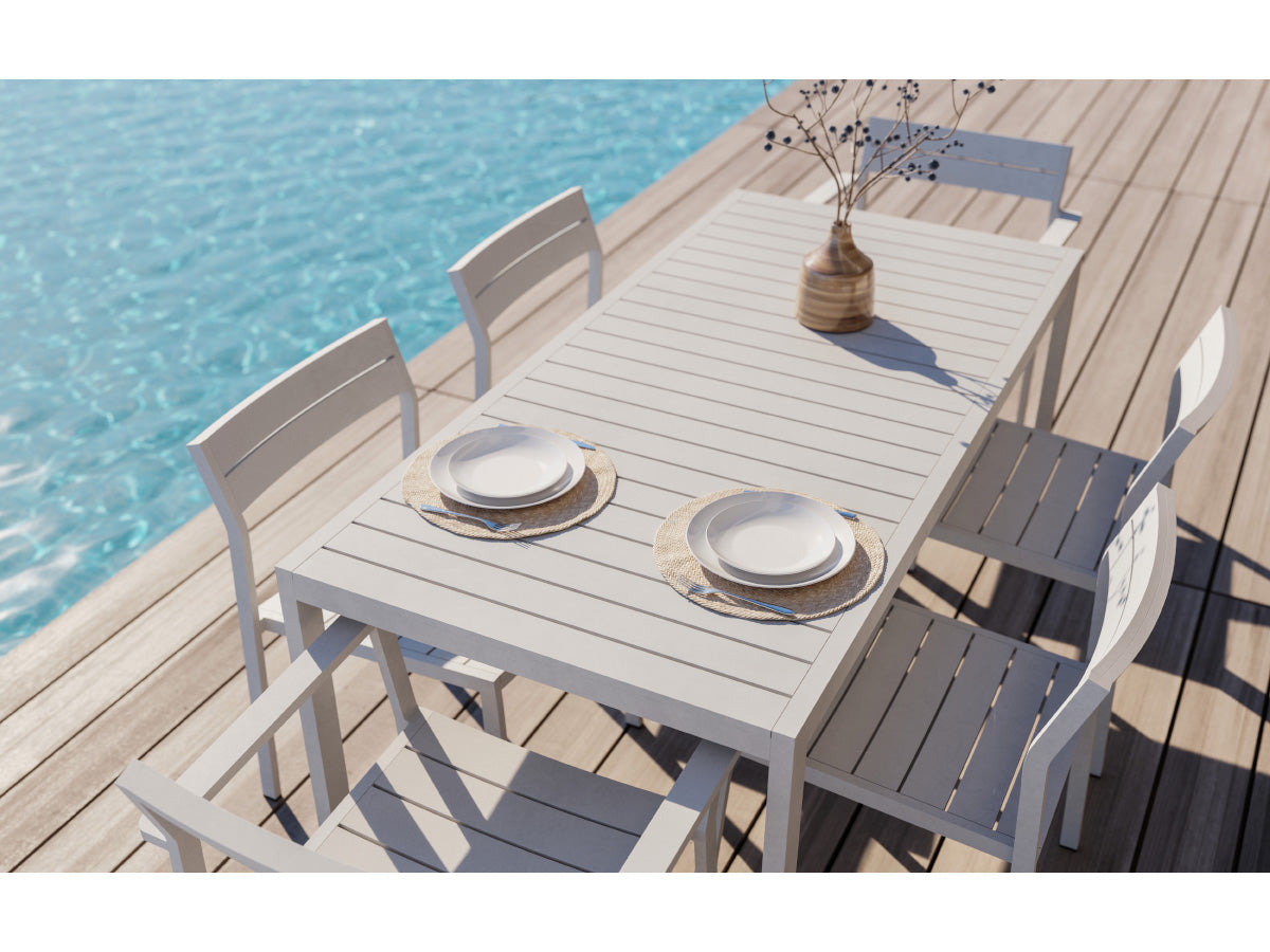 Case Eos Side Chair Outdoor - White - Outdoor dining table with chairs by a poolside