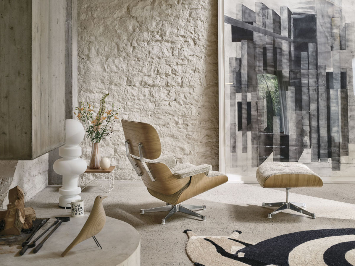Vitra Eames LTR Occasional Table - Chestnut - white legs - with Eames Lounge Chair Nubia Fabric - Chestnut Shell