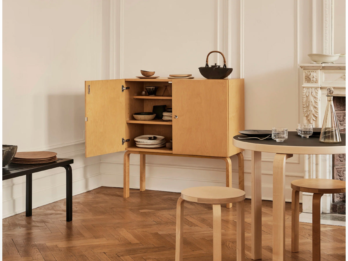 Artek 250 Cabinet - Honey stained Birch - Artek 60 Stool - Artek Round Dining Table