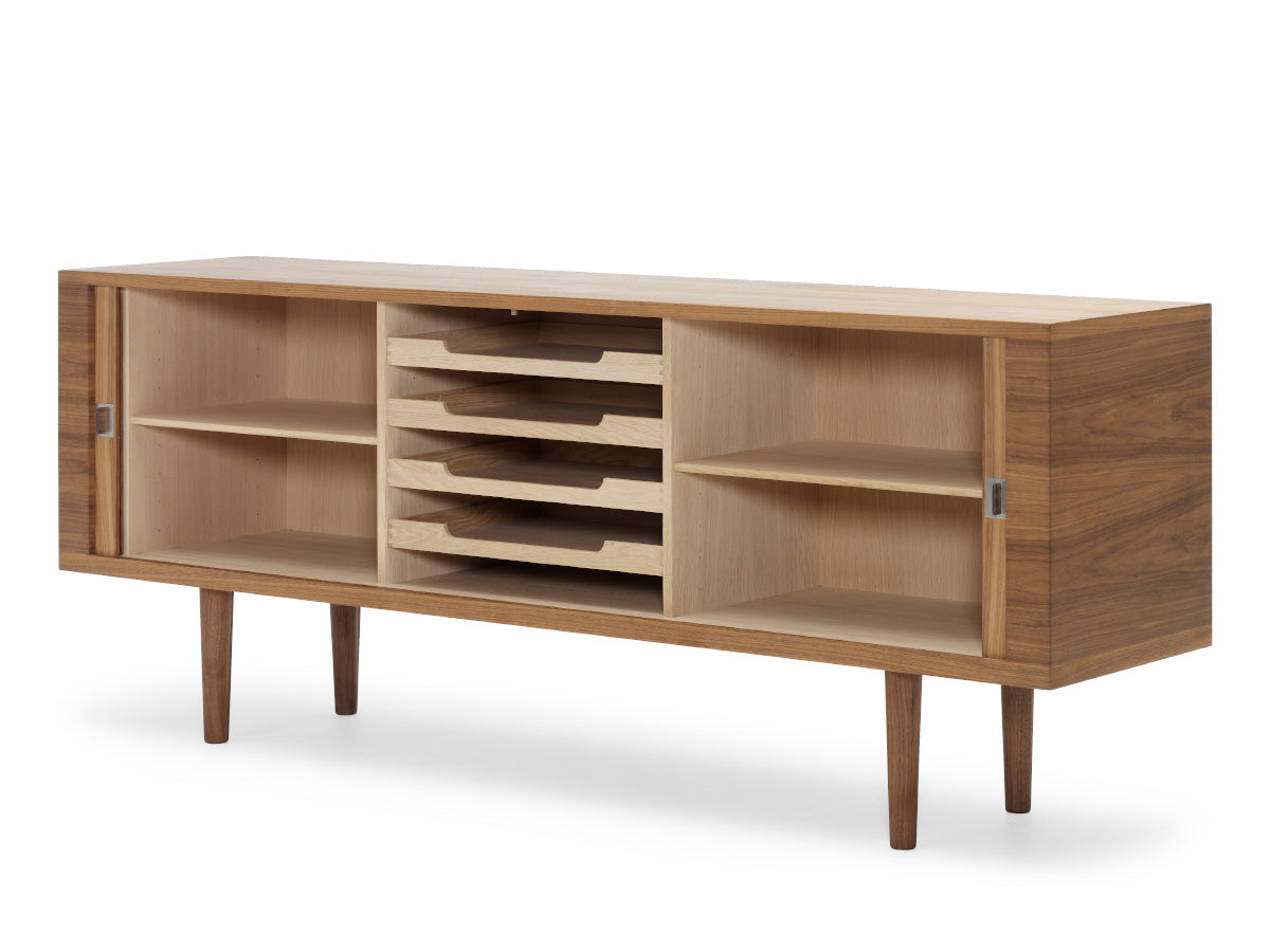 Carl Hansen CH825 Credenza, Walnut Oil with doors open showing drawers inside