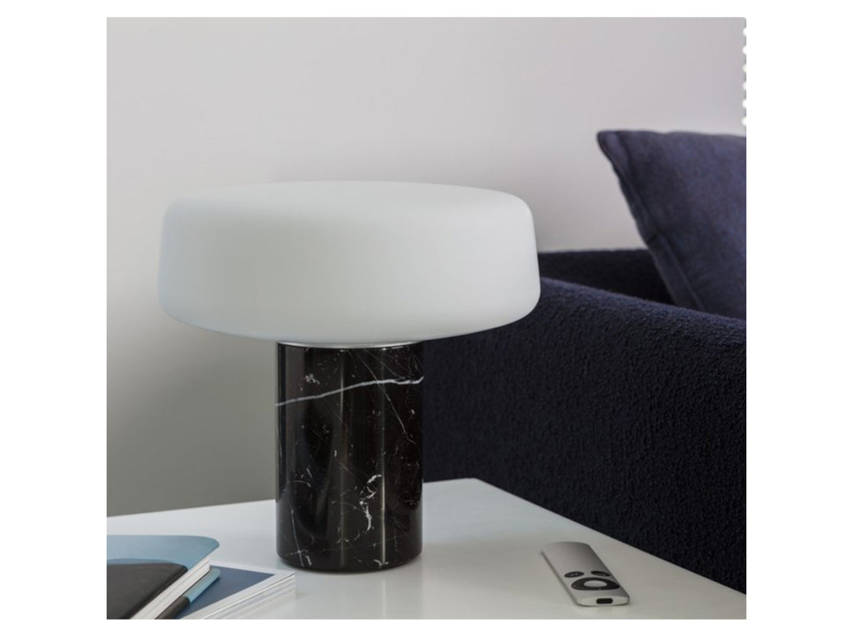 Terence Woodgate Solid Table Light Small - Marquina Marble with Navy sofa