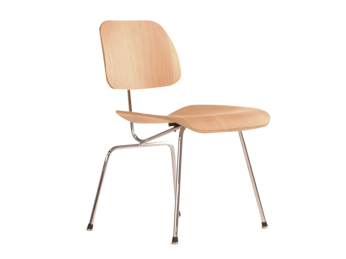 A modern wooden dining chair with a light natural wood seat and backrest, supported by slim chrome metal legs, shown against a plain white background.