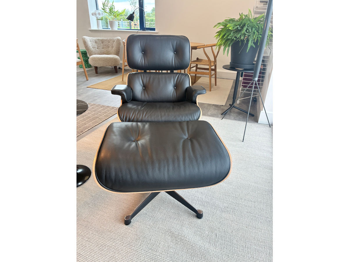 Vitra Eames Lounge Chair and Ottoman - Cherry Shell - Black Premium Leather - Black/Polished Base - EX-Display Sale Item in showroom